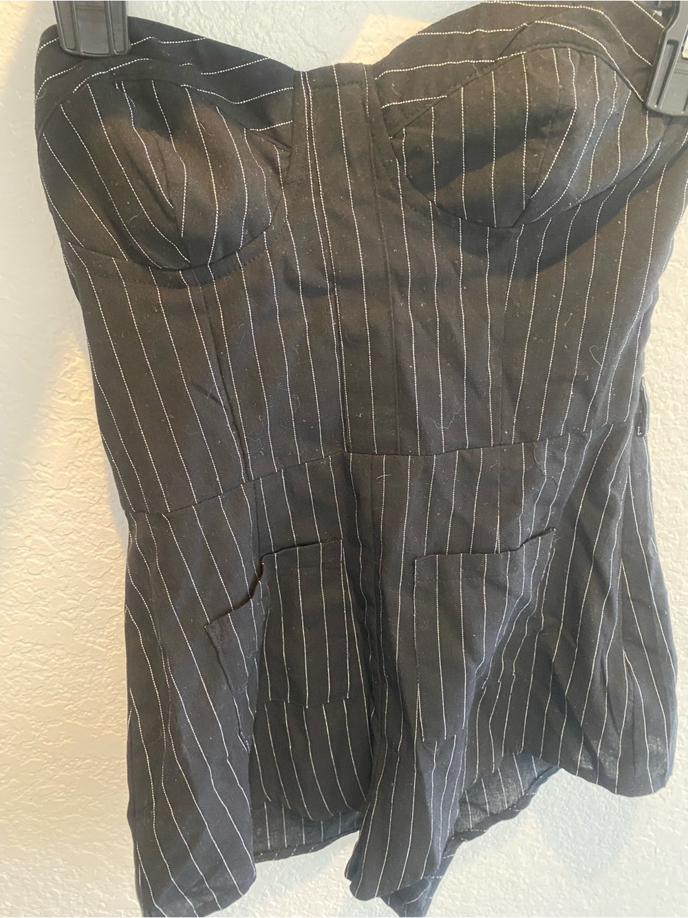 PrettyLittleThing Black Pinstripe Bustier Romper